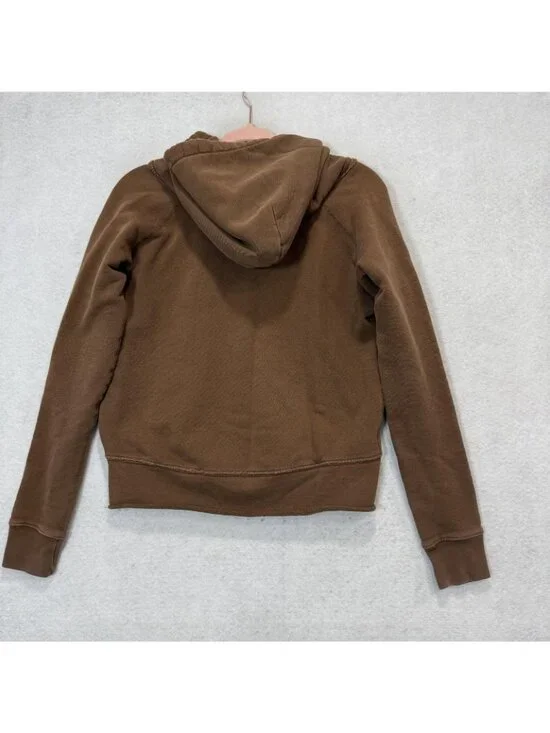 Nili Lotan Hoodie Womens XS Brown Terry V Neck Pullover Kangaroo Pocket Raw Hem